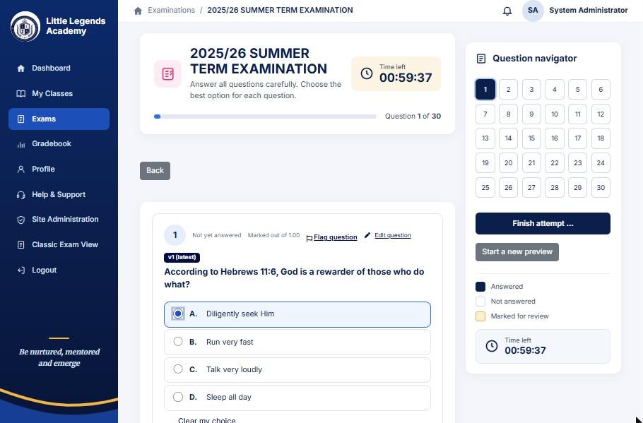 Pupil exam screen with a countdown timer, question navigator and multiple-choice question
