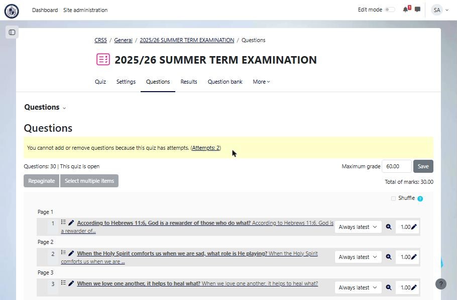 Question list for the 2025/26 summer term CRS examination, 30 questions