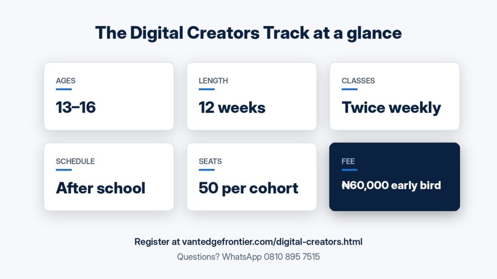 Digital Creators Track key facts: ages 13 to 16, 12 weeks, twice weekly, 50 seats, 60,000 naira early bird